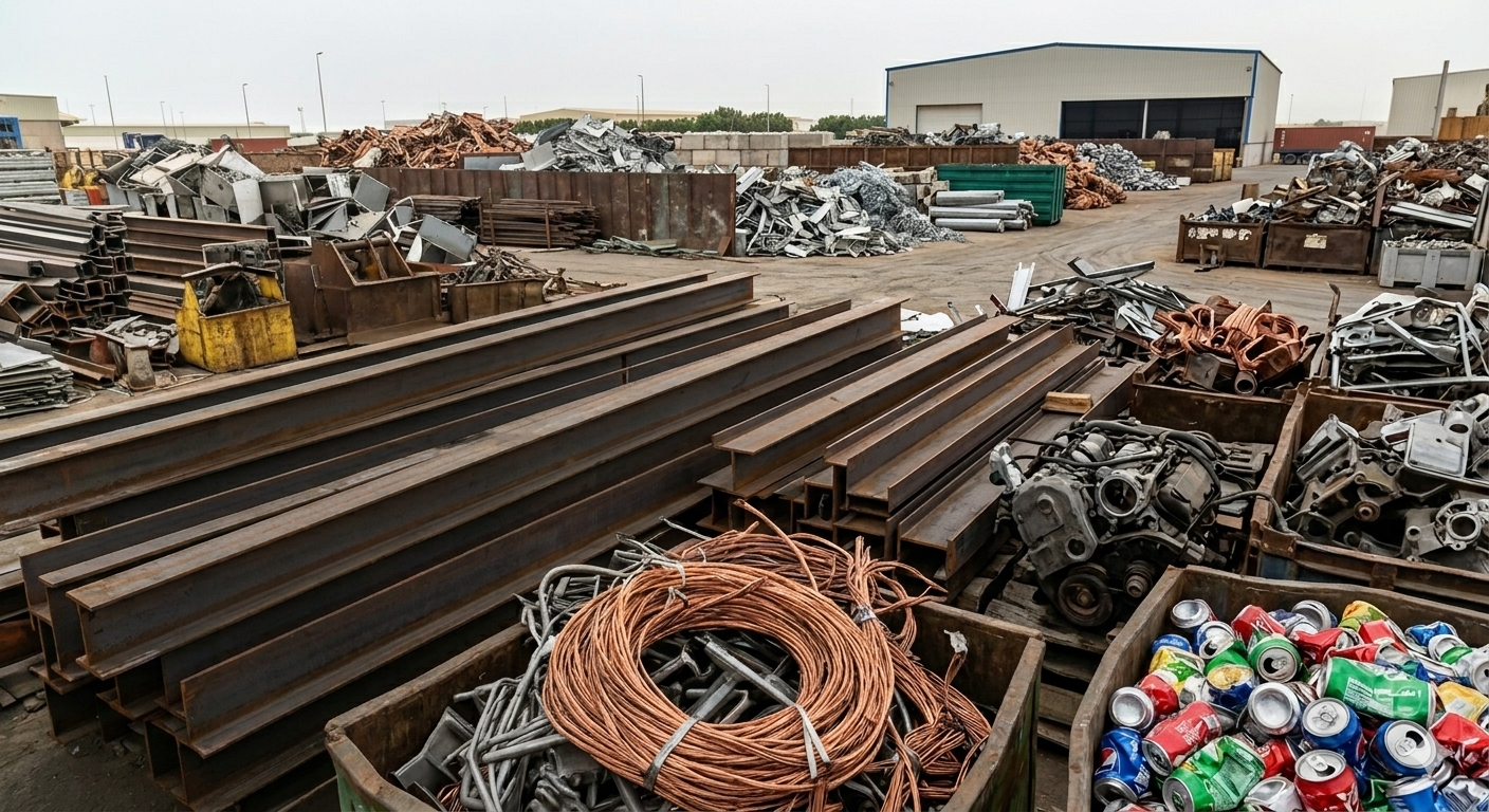 Al Sifah scrap metal yard with steel beams, copper wire, and sorted metals